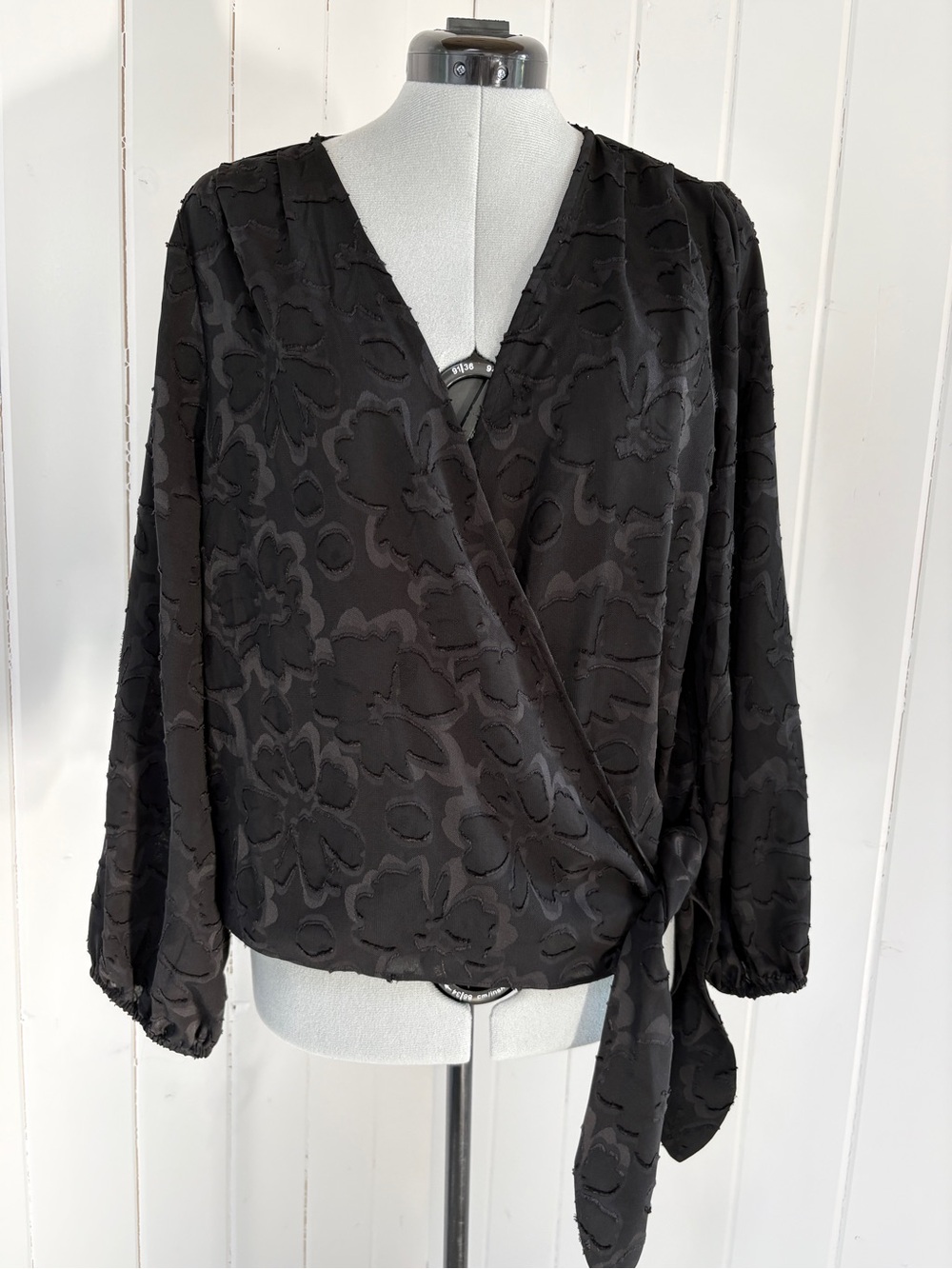 Madewell Black Floral Jacquard Wrap Blouse Long Sleeve Tie Side XL